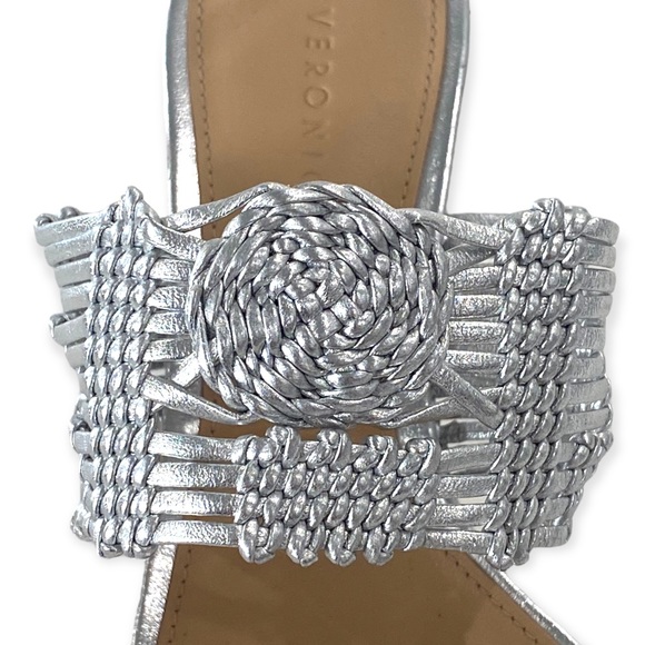 VERONICA BEARD Woven Crochet Leather Heeled Sandals, Silver, Size 6 - Picture 3 of 7